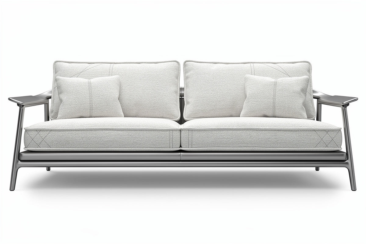 **Nowoczesna sofa z metalowymi detalami w kolorze jasnoszarym**